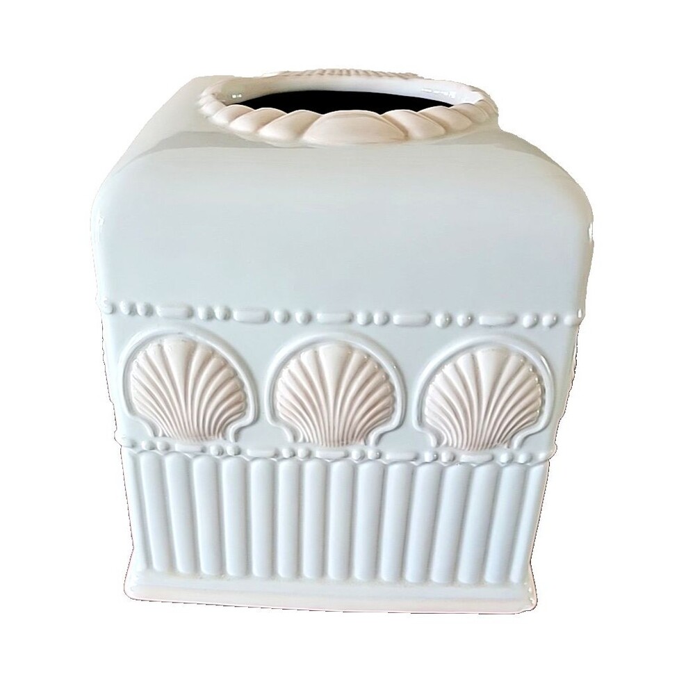 Coastal Peach & White Santorini Ceramic Tissue Box Cover Shell Accents New Tags